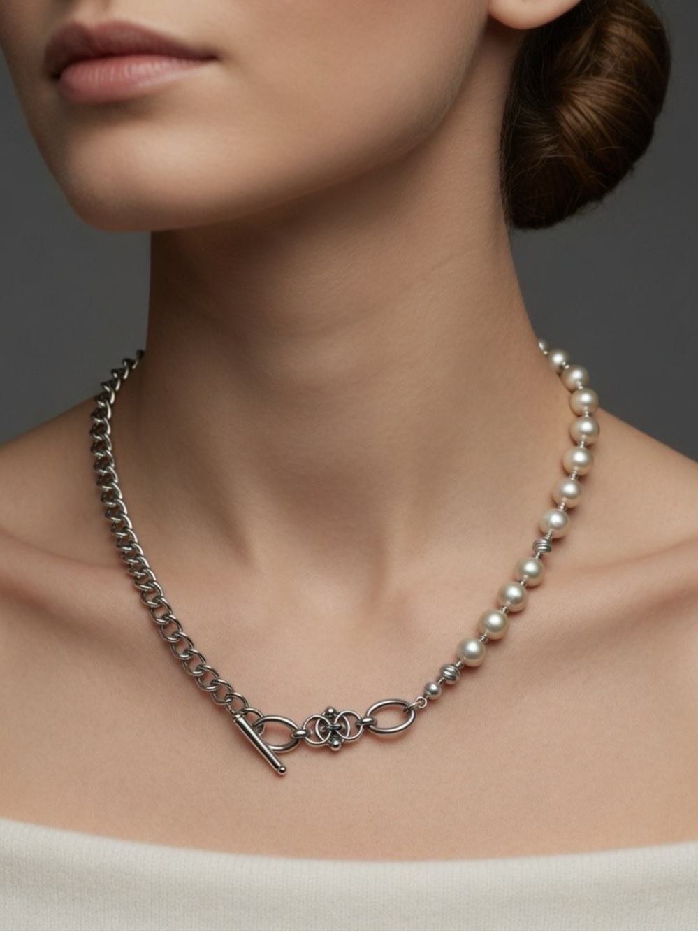 Siren #8 Natural FreshWater Pearl Asymmetrical Toggle Necklace Stainless Steel